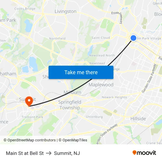 Main St at Bell St to Summit, NJ map
