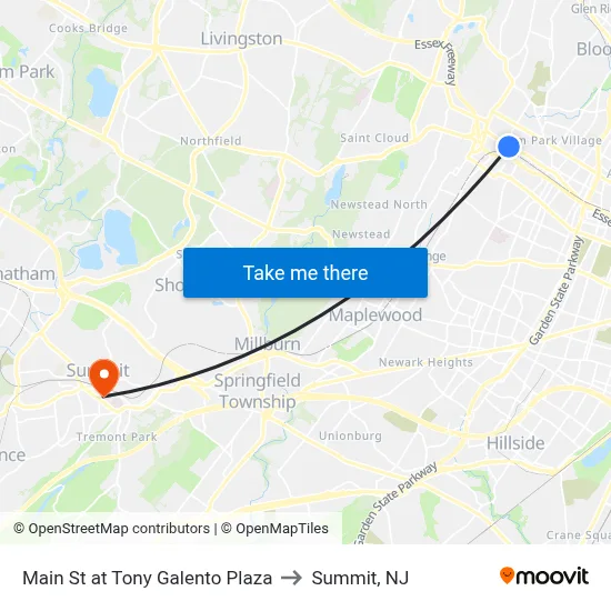Main St at Tony Galento Plaza to Summit, NJ map