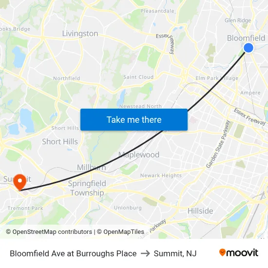 Bloomfield Ave at Burroughs Place to Summit, NJ map