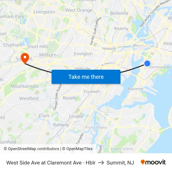 West Side Ave at Claremont Ave - Hblr to Summit, NJ map
