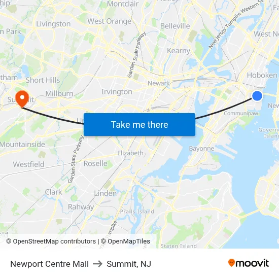 Newport Centre Mall to Summit, NJ map