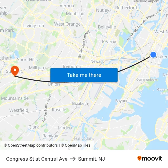 Congress St at Central Ave to Summit, NJ map