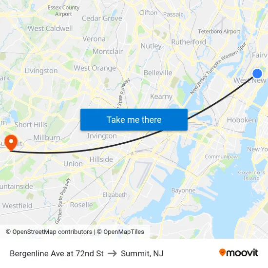 Bergenline Ave at 72nd St to Summit, NJ map