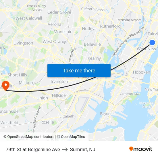 79th St at Bergenline Ave to Summit, NJ map