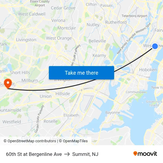 60th St at Bergenline Ave to Summit, NJ map
