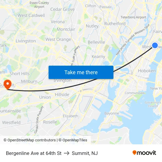 Bergenline Ave at 64th St to Summit, NJ map