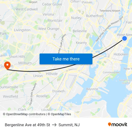Bergenline Ave at 49th St to Summit, NJ map