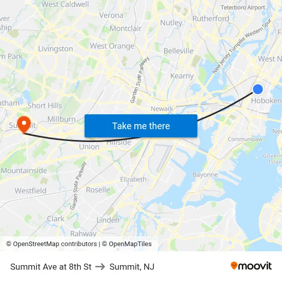 Summit Ave at 8th St to Summit, NJ map