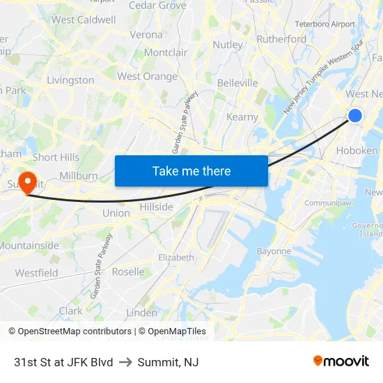 31st St at JFK Blvd to Summit, NJ map