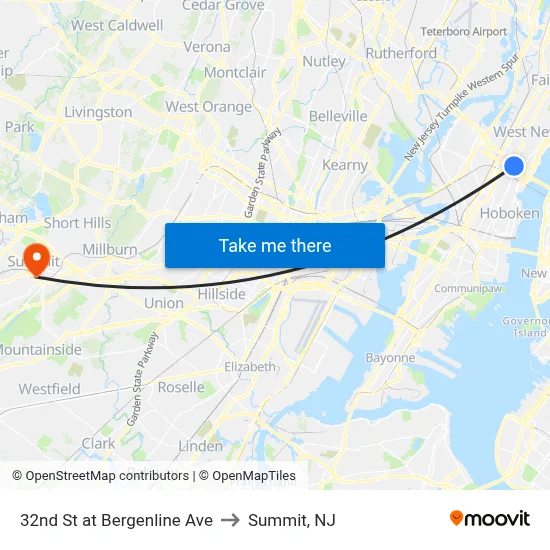 32nd St at Bergenline Ave to Summit, NJ map