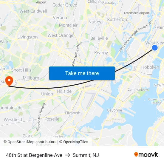 48th St at Bergenline Ave to Summit, NJ map