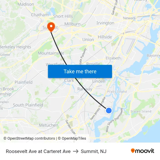 Roosevelt Ave at Carteret Ave to Summit, NJ map