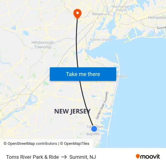 Toms River Park & Ride to Summit, NJ map