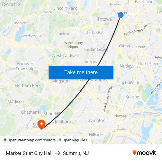 Market St at City Hall to Summit, NJ map