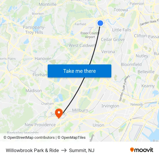 Willowbrook Park & Ride to Summit, NJ map