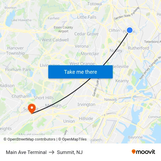 Main Ave Terminal to Summit, NJ map