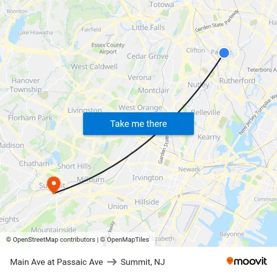 Main Ave at Passaic Ave to Summit, NJ map
