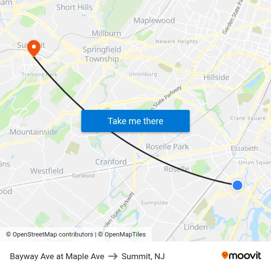 Bayway Ave at Maple Ave to Summit, NJ map