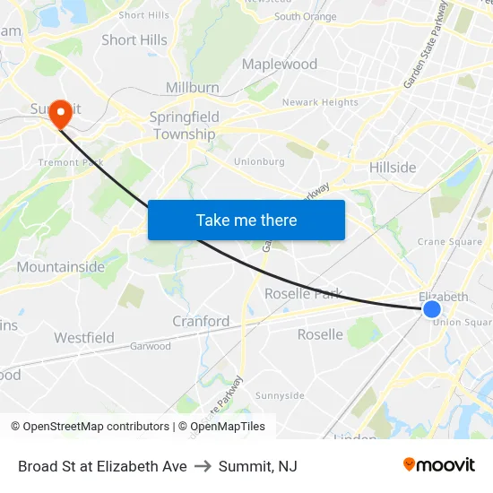 Broad St at Elizabeth Ave to Summit, NJ map