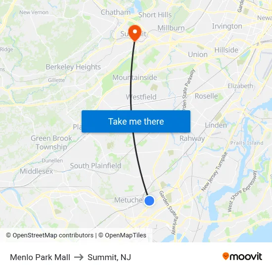 Menlo Park Mall to Summit, NJ map