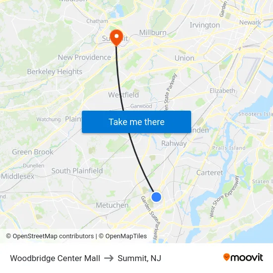 Woodbridge Center Mall to Summit, NJ map
