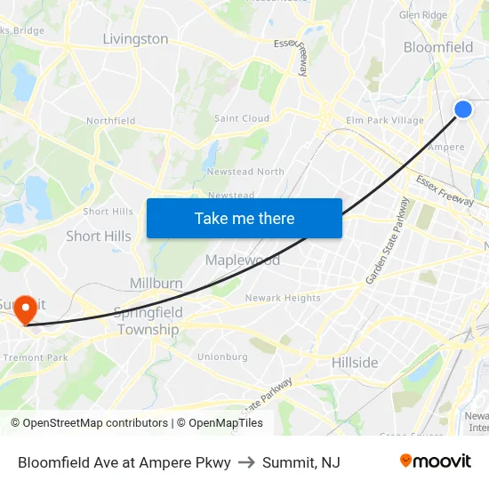 Bloomfield Ave at Ampere Pkwy to Summit, NJ map