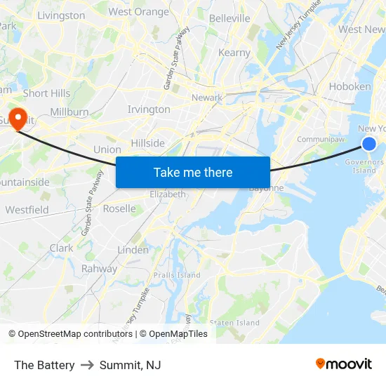 The Battery to Summit, NJ map