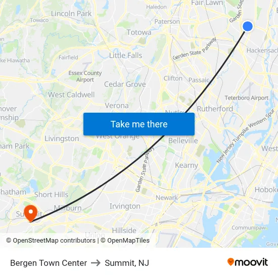Bergen Town Center to Summit, NJ map