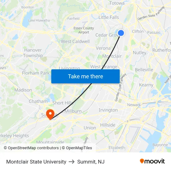 Montclair State University to Summit, NJ map
