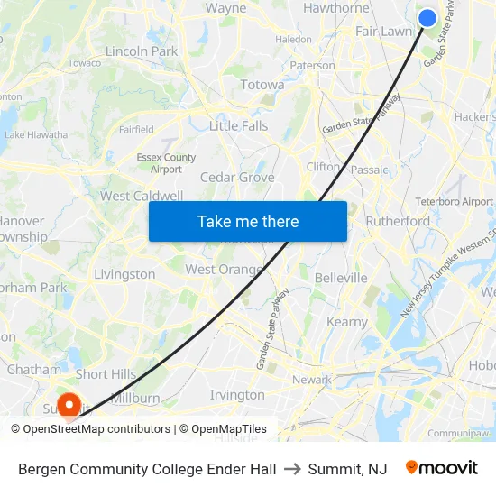 Bergen Community College Ender Hall to Summit, NJ map
