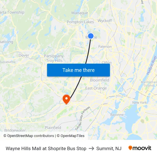 Wayne Hills Mall at Shoprite Bus Stop to Summit, NJ map