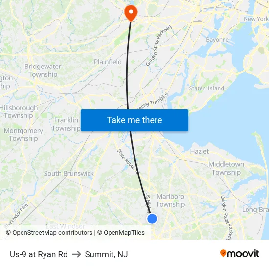 Us-9 at Ryan Rd to Summit, NJ map