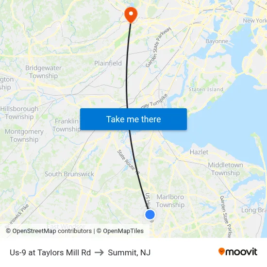 Us-9 at Taylors Mill Rd to Summit, NJ map
