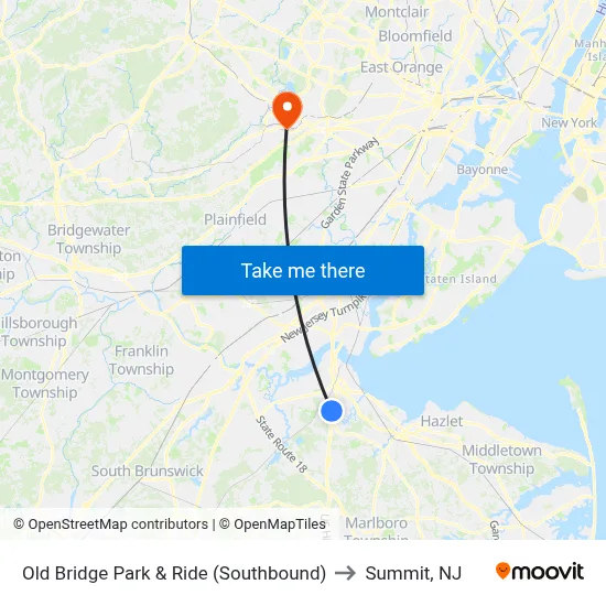 Old Bridge Park & Ride (Southbound) to Summit, NJ map