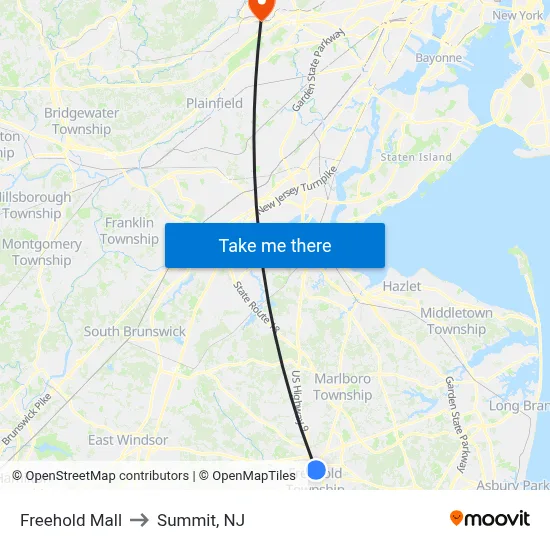 Freehold Mall to Summit, NJ map