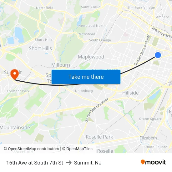 16th Ave at South 7th St to Summit, NJ map