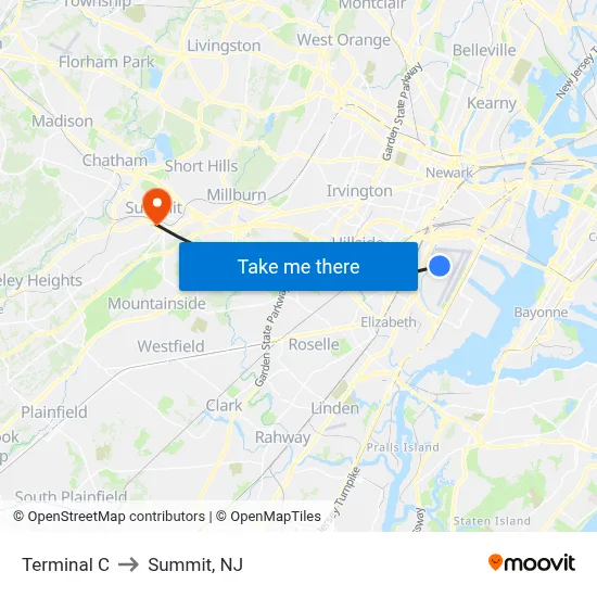 Terminal C to Summit, NJ map