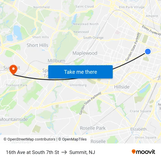 16th Ave at South 7th St to Summit, NJ map