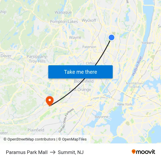 Paramus Park Mall to Summit, NJ map