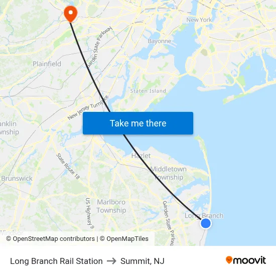 Long Branch Rail Station to Summit, NJ map