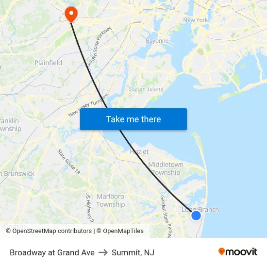 Broadway at Grand Ave to Summit, NJ map