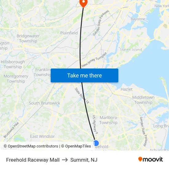 Freehold Raceway Mall to Summit, NJ map
