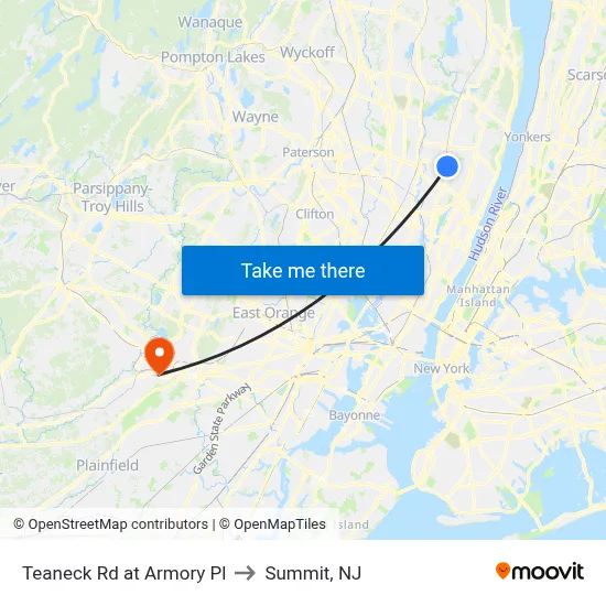 Teaneck Rd at Armory Pl to Summit, NJ map