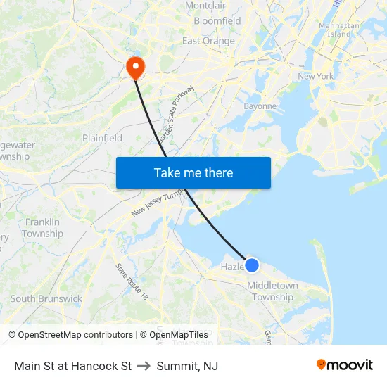 Main St at Hancock St to Summit, NJ map