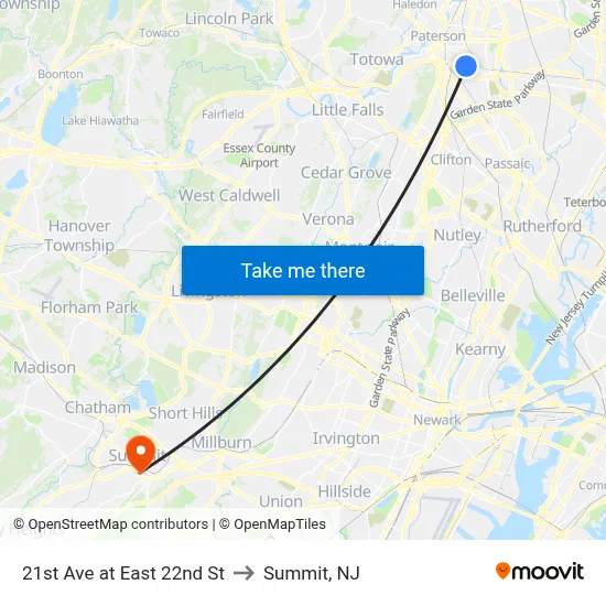 21st Ave at East 22nd St to Summit, NJ map