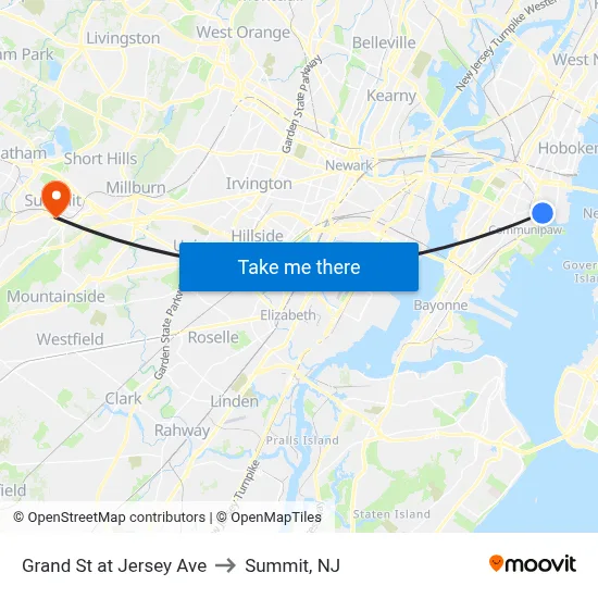 Grand St at Jersey Ave to Summit, NJ map