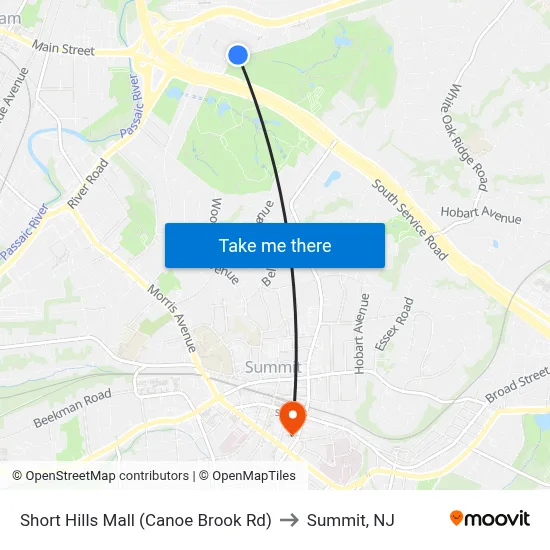 Short Hills Mall (Canoe Brook Rd) to Summit, NJ map