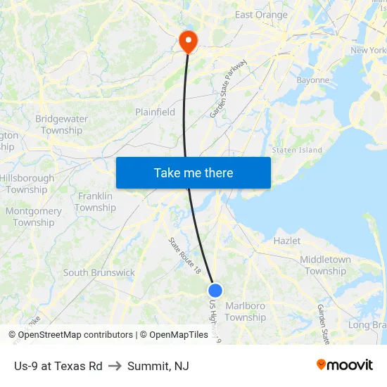 Us-9 at Texas Rd to Summit, NJ map