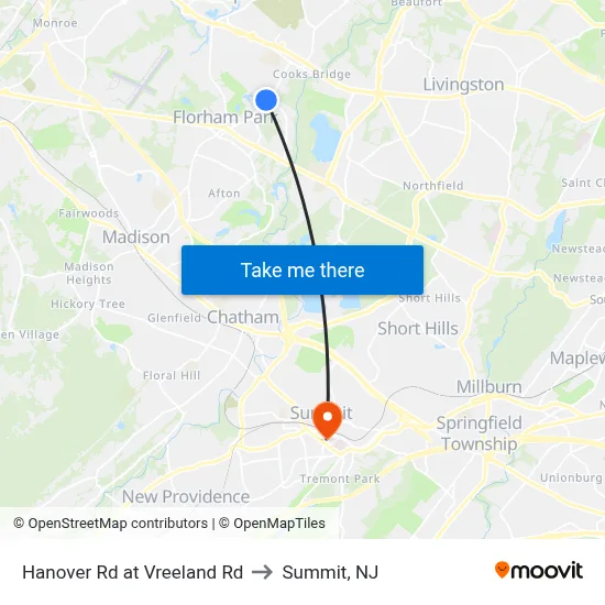 Hanover Rd at Vreeland Rd to Summit, NJ map
