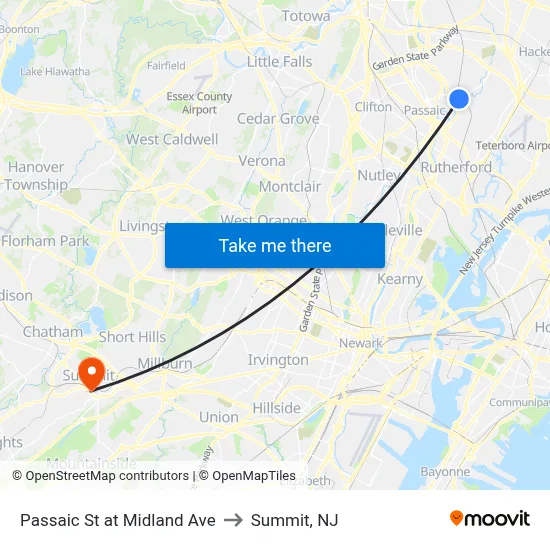 Passaic St at Midland Ave to Summit, NJ map